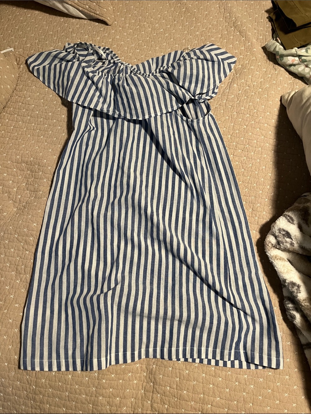 Velvet Heart Blue and White Striped Off-Shoulder Dress